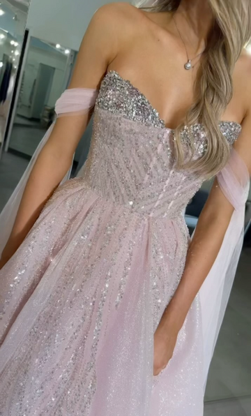 Niulatu Pink Off-the-Shoulder A-Line Prom Dresses Glitter Tulle Evening Gowns Sweet 18th Birthday Dress Graduation Dress HZ1031